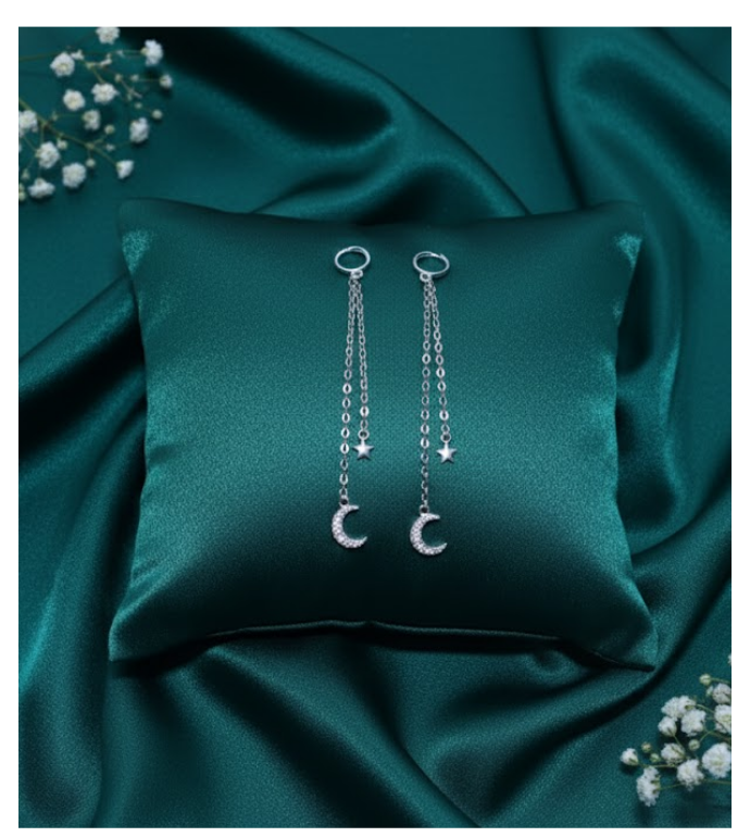 Moon & Star 92.5 Silver Chain Drop Earrings